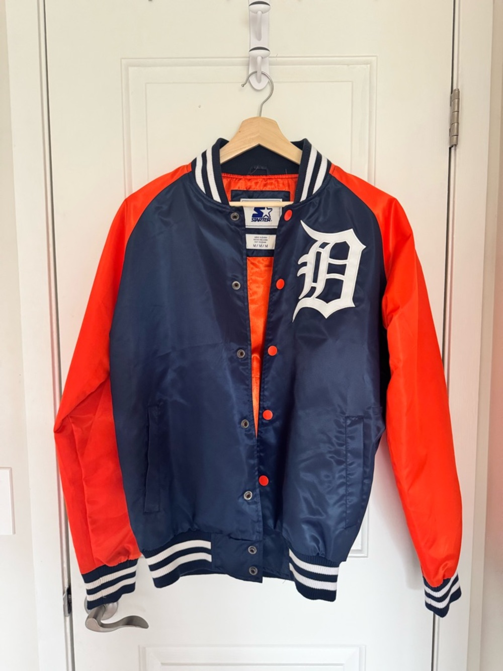 Vintage 90s Starter Detroit Tigers Satin Bomber Jacket Navy Orange Size M MLB